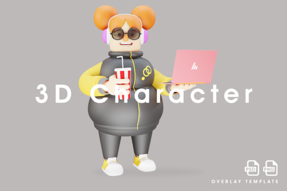 3D Funny Girl Design Having a Laptop