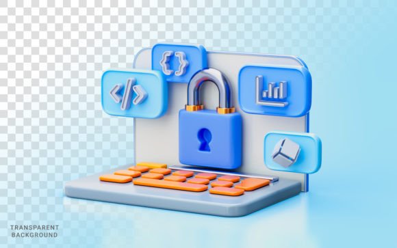 Enhancing Digital Security and Aesthetics with Laptop Lock Coding Sign 3D Illustration